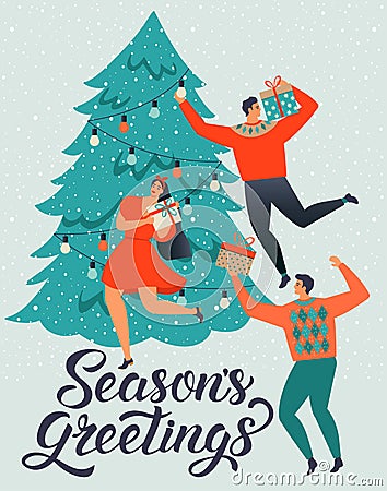 SEASONS GREETINGS. People young men and women decorate a Christmas tree. Vector Illustration