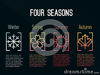 4 seasons icon sign in border gradients with Snow Winter , Flower Spring , Sun Summer and maple leaf Autumn vector design Vector Illustration