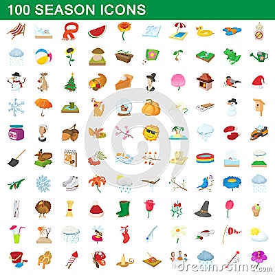 100 seasons icons set, cartoon style Vector Illustration