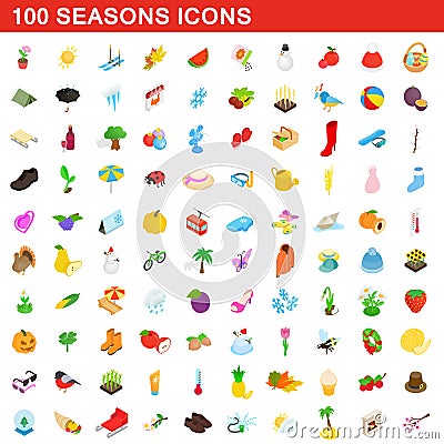 100 seasons icons set, isometric 3d style Vector Illustration