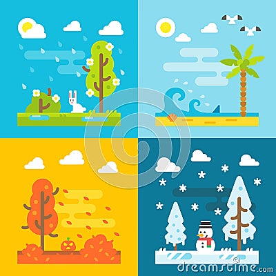 4 seasons park flat design set Vector Illustration