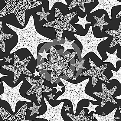 Seastars seamless pattern. Hand drawn vector marine animals illustrations on chalk board. Engraved style sea stars. Retro sea Cartoon Illustration