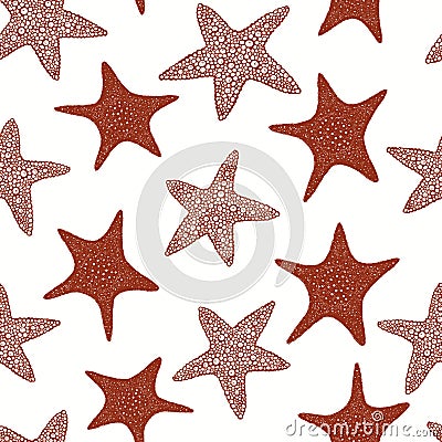 Seastars seamless pattern. Hand drawn vector marine animals illustrations. Engraved style sea stars. Retro sea background Cartoon Illustration