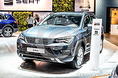 Seat Ateca at Brussels Motor Show, compact crossover vehicle CUV manufactured by Spanish automaker SEAT Editorial Stock Photo