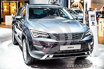 Seat Ateca at Brussels Motor Show, compact crossover vehicle CUV manufactured by Spanish automaker SEAT Editorial Stock Photo