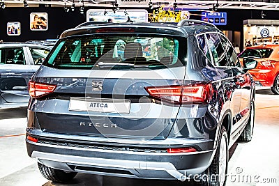 Seat Ateca at Brussels Motor Show, compact crossover vehicle CUV manufactured by Spanish automaker SEAT Editorial Stock Photo