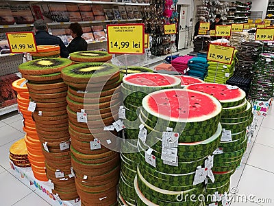 Seat covers - different patterns cut fruits at Jumbo store Editorial Stock Photo