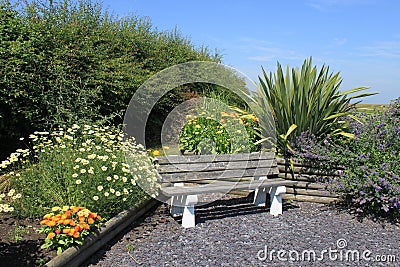 Seat in a Sensory Garden with flowers and plants Stock Photo