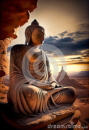 Seated Buddha looking at the sun at dawn. Ia generative. Stock Photo