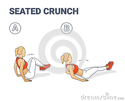 Seated Crunch Exercise - Girl Working at Her Abdominals Colorful Concept Cartoon Illustration