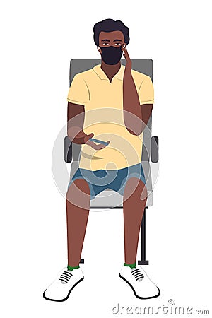 Seating African young guy with medical face mask using smartphone. Vector illustration. Train passenger with protective Vector Illustration