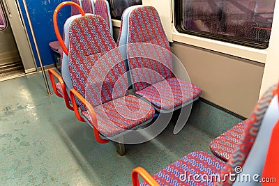 Lisbon, Portugal - January 18, 2020: Seating inside the empty suburban commuter train going to Sintra from Lisbon, Portugal Editorial Stock Photo