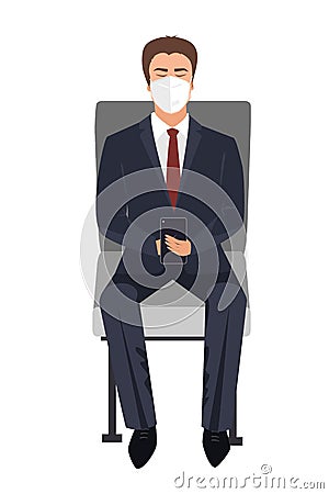 Seating or waiting Businessman with face mask using smart phone app. Train passenger with protective mask texting on Vector Illustration