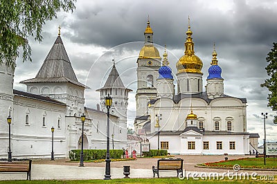 Seating yard Tobolsk Kremlin and Sophia-Assumption Cathedral pan Editorial Stock Photo