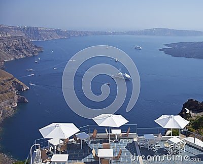 Seatings facing Aegean Sea Stock Photo