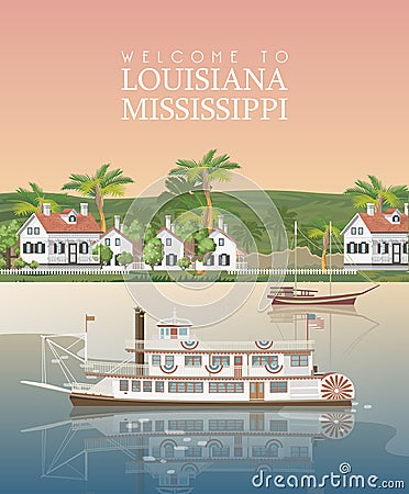 Louisiana. Mississippi River with steamboat and cute white houses on the shore Vector Illustration