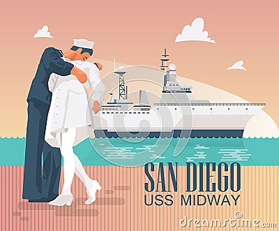 Uss Midway Poster with ship and kissing statues Vector Illustration