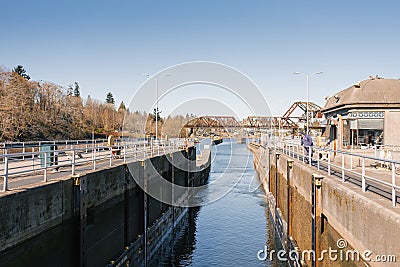 Seattle, Ballard, USA. March 2022. View of the Hiram Chittenden Locks, or Ballard Lacks, a complex of looks at the west end of Editorial Stock Photo