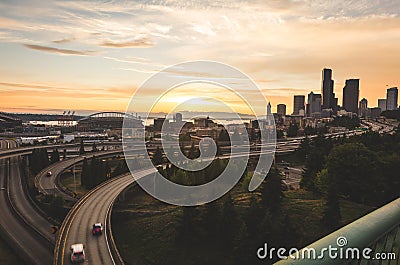 Seattle city and freeway view under colorful sky Editorial Stock Photo