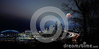 Seattle downtown at night with lunar eclipse Editorial Stock Photo