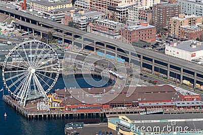 Seattle Ferris wheel from the air Editorial Stock Photo