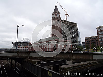 Seattle King Street Station, Century Link Field and construction Editorial Stock Photo