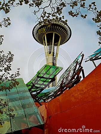 Space Needle Framed By Modern Architecture MoPOP Editorial Stock Photo