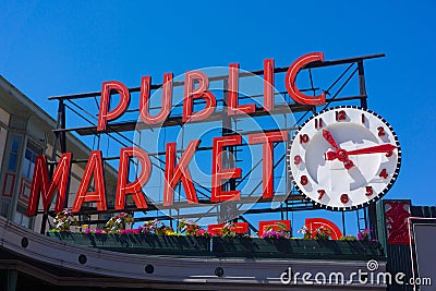 Seattle Pike Place Public Market Clock Sign Stock Photo