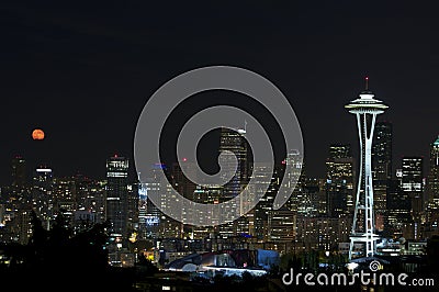 Seattle skyline with full moon Editorial Stock Photo