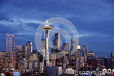 Seattle Skyline with Space Needle Tower at Dusk Editorial Stock Photo