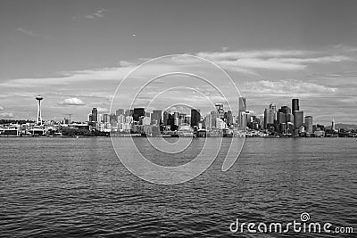 Seattle skyline during summer. View from Elliott Bay. Space Needle. Washington state. Black and white Stock Photo