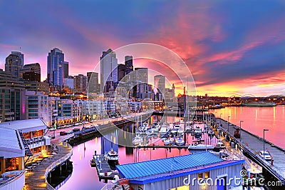 Seattle skyline and waterfront in sunrise Stock Photo