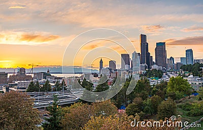 Seattle skylines and Interstate freeways converge with Elliott Bay and the waterfront background of in sunset time, Seattle, Washi Stock Photo