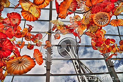 Seattle Space Needle as seen from inside the Chihuly Garden Editorial Stock Photo