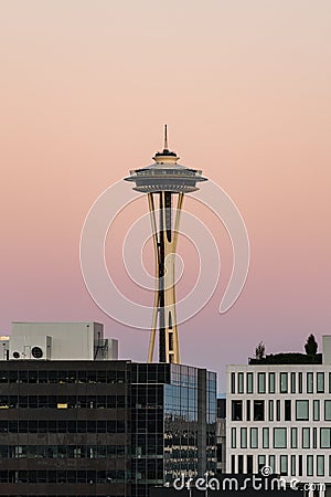 Seattle Space Needle at dawn against a clear sky Editorial Stock Photo