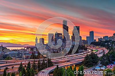 Seattle sunset in summertime from Rizal Bridge Stock Photo