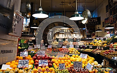 Seattle, United States of America - Variety of fruits displayed for sale at the produce store in Pike Place Market. Editorial Stock Photo