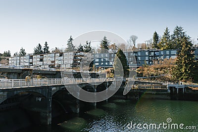 Seattle, USA. March 2022. View of the Hiram Chittenden Locks, or Ballard Lacks, a complex of looks at the west end of Salmon Bay. Editorial Stock Photo