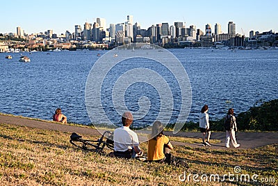 Seattle, WA, USA - August 3, 2023: People rest in Gas Works Park in city of Seattle Editorial Stock Photo