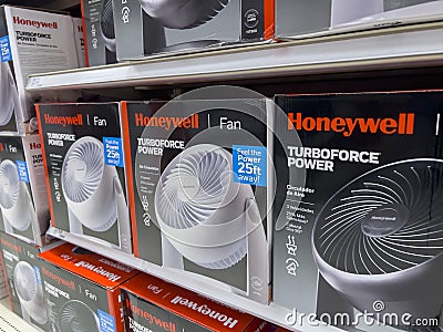 Seattle, WA USA - circa August 2022: Close up, selective focus on Honeywell indoor fans for sale inside a Target retail store Editorial Stock Photo