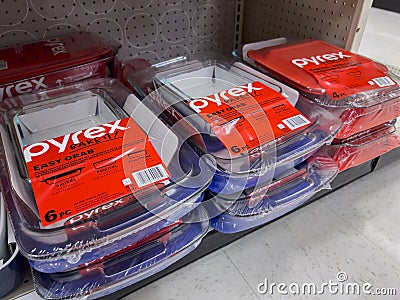 Seattle, WA USA - circa August 2022: Close up, selective focus on Pyrex products for sale inside a Target retail store Editorial Stock Photo
