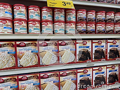 Seattle, WA USA - circa December 2022: Wide view of Betty Crocker baking mixes and frostings for sale inside a grocery store Editorial Stock Photo