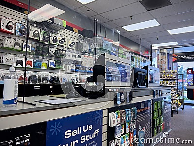 Seattle, WA USA - circa December 2022: Wide view of the checkout counter inside a GameStop gaming store Editorial Stock Photo