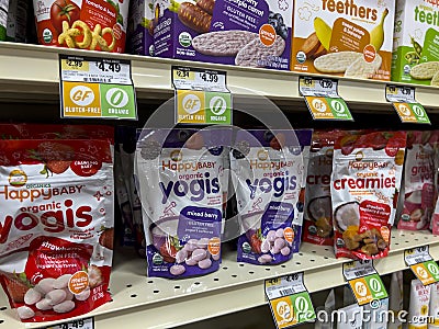 Seattle, WA USA - circa June 2022: Close up view of HappyBaby brand baby snacks inside a Sprouts Market Editorial Stock Photo