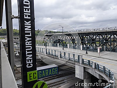 Seattle, WA USA - circa May 2021: View of car entering the parking garage at CenturyLink Field Event Center on an overcast day Editorial Stock Photo