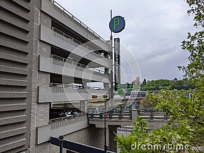 Seattle, WA USA - circa May 2021: View of car entering the parking garage at CenturyLink Field Event Center on an overcast day Editorial Stock Photo