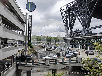 Seattle, WA USA - circa May 2021: View of car entering the parking garage at CenturyLink Field Event Center on an overcast day Editorial Stock Photo