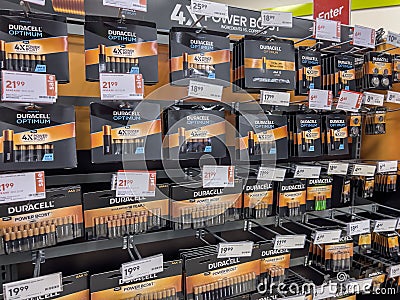 Seattle, WA USA - circa November 2022: Close up view of Duracell Optimum battieries for sale inside a Staples store Editorial Stock Photo