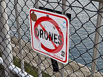 No Drones sign at the pier in downtown Seattle at the waterfront park Editorial Stock Photo