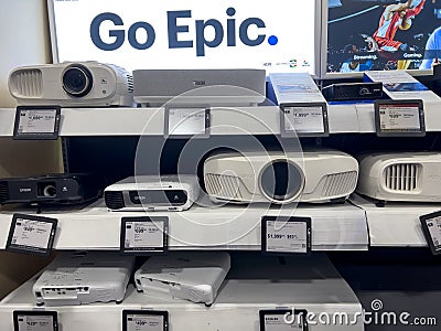 Seattle, WA USA - circa September 2022: Close up, selective focus on projectors for sale inside a Best Buy store Editorial Stock Photo